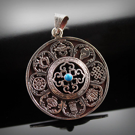 Nepal Fashion Handcraft Carving 925 Silver Eight Auspicious Symbols Hollow Out Round Pendant